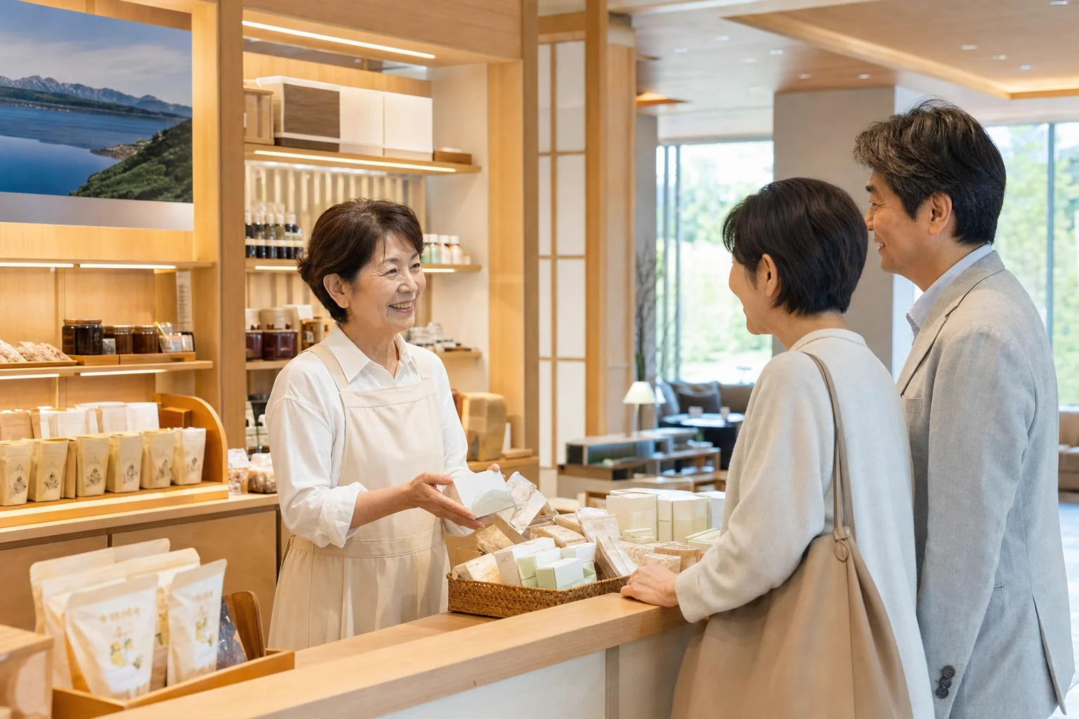 北海道の観光ホテルのロビーで売店スタッフとして来客に対応するシニアの様子