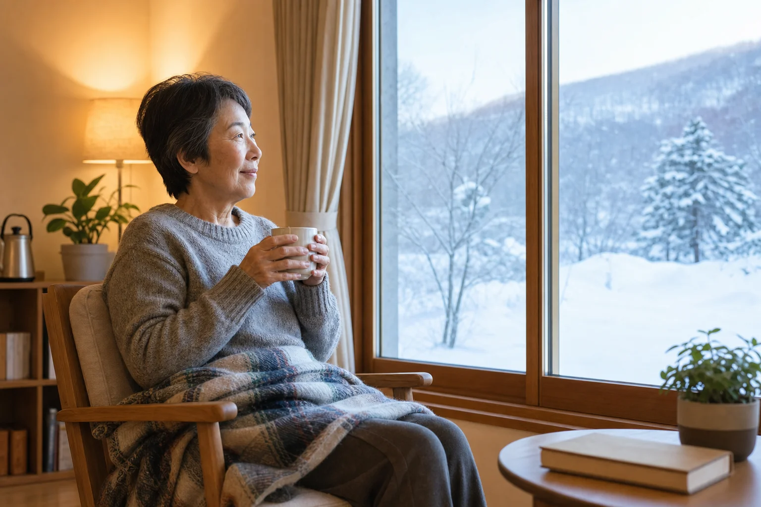 雪景色の北海道で暖かい室内でくつろぐシニアの様子と窓の外に積もった雪