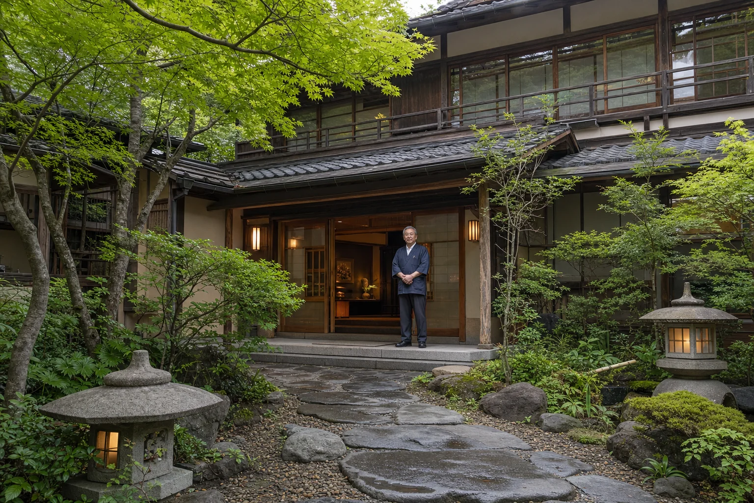 東伊豆の温泉旅館外観。木造の落ち着いた建物と緑の庭が広がり、シニアスタッフが施設入口で穏やかに立っている様子