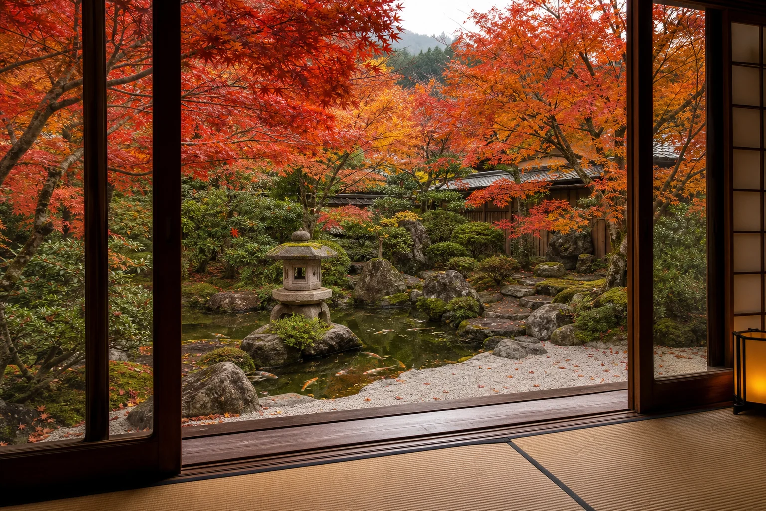 伊豆の温泉旅館の客室から見える秋の日本庭園。紅葉した楓と石灯篭が窓越しに見える穏やかな室内からの眺め