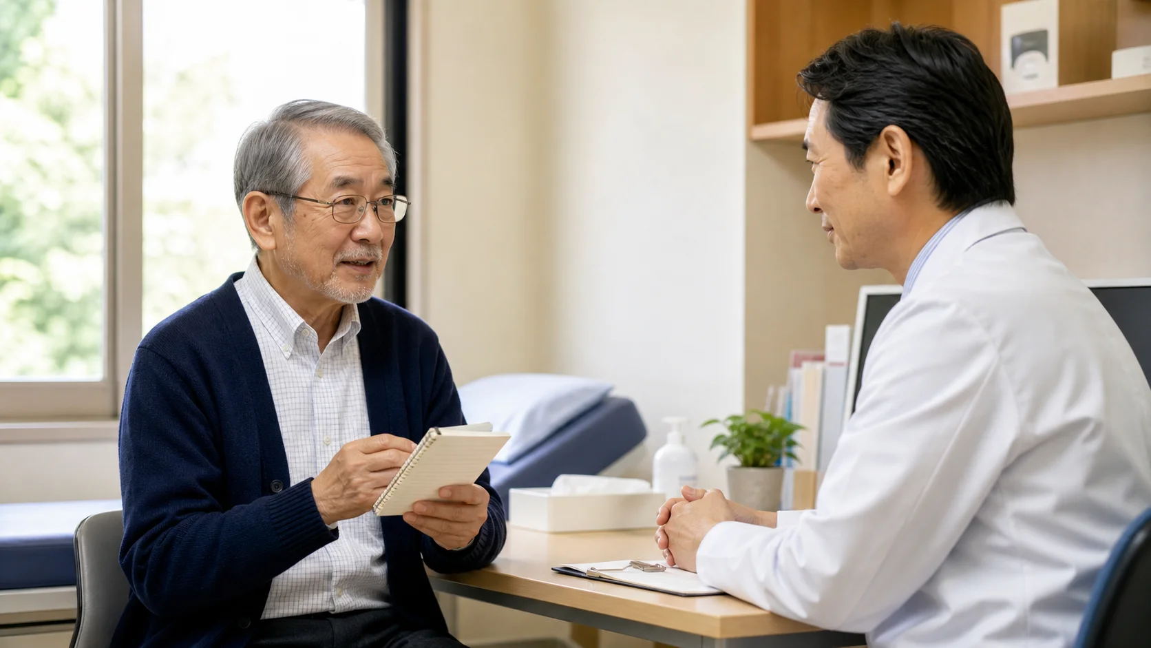 診察室で医師と穏やかに相談する60代の様子