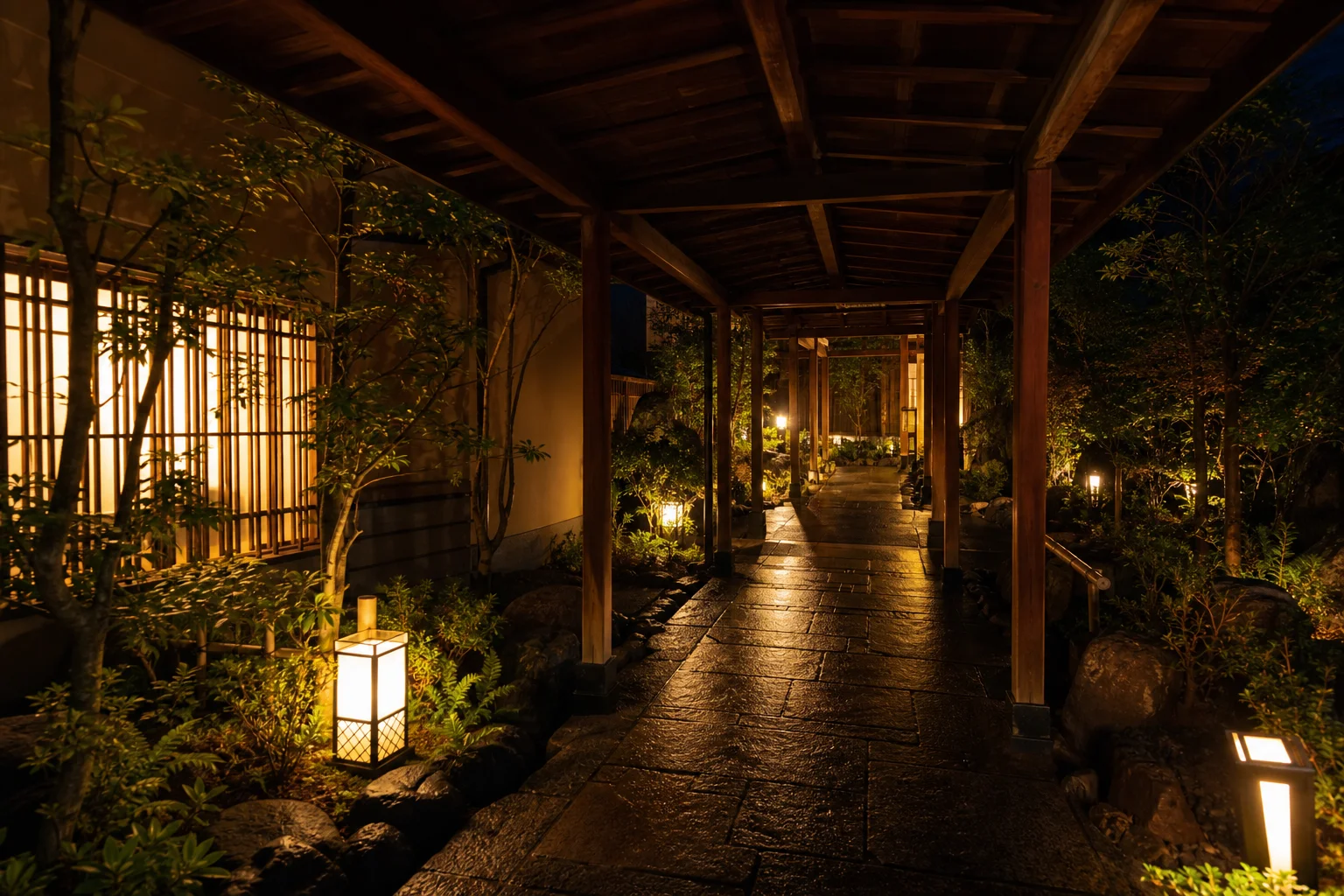 温泉旅館の廊下や夜の屋外通路のイメージ。明るく清潔な環境