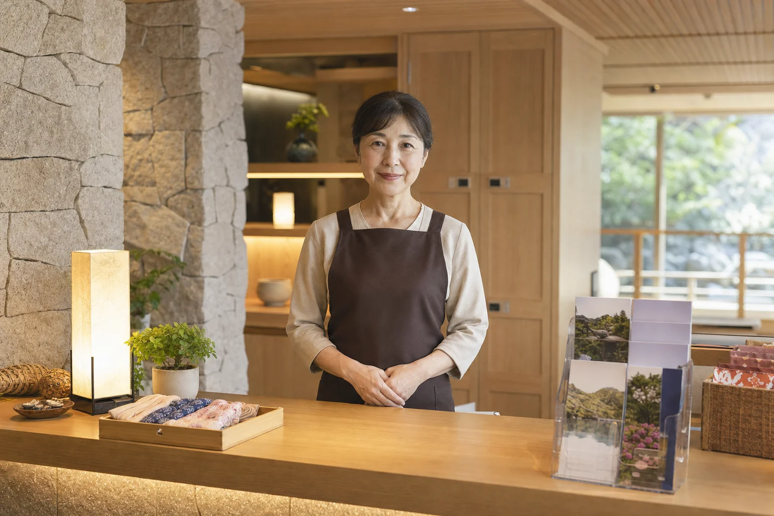 温泉施設の受付カウンターに立つ60代女性スタッフ。落ち着いた接客の様子