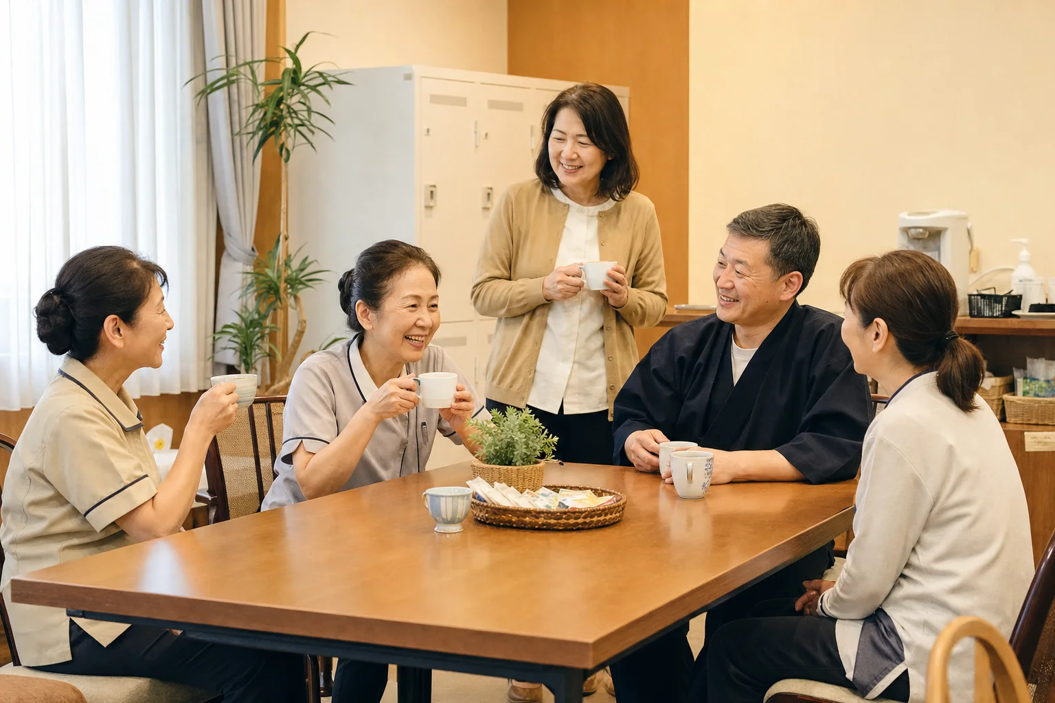 休憩室でスタッフ同士が談笑している様子。50〜60代の女性が含まれる