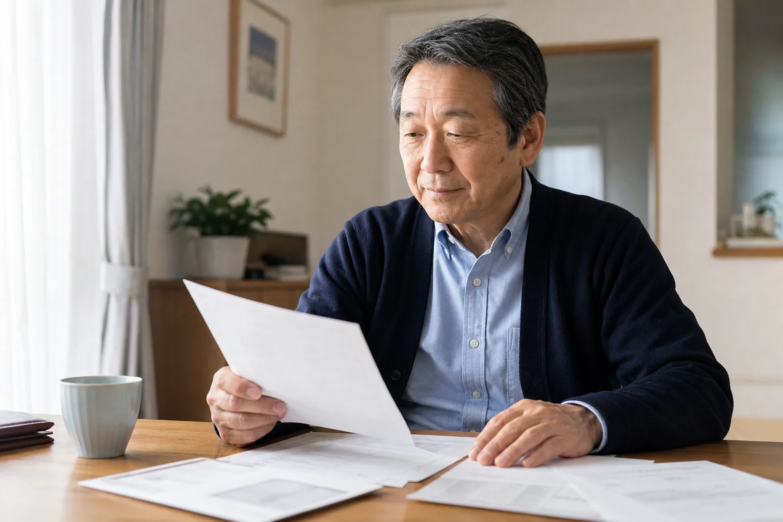 自宅のテーブルで住民票や郵便物を前に手続きを考える60代の様子