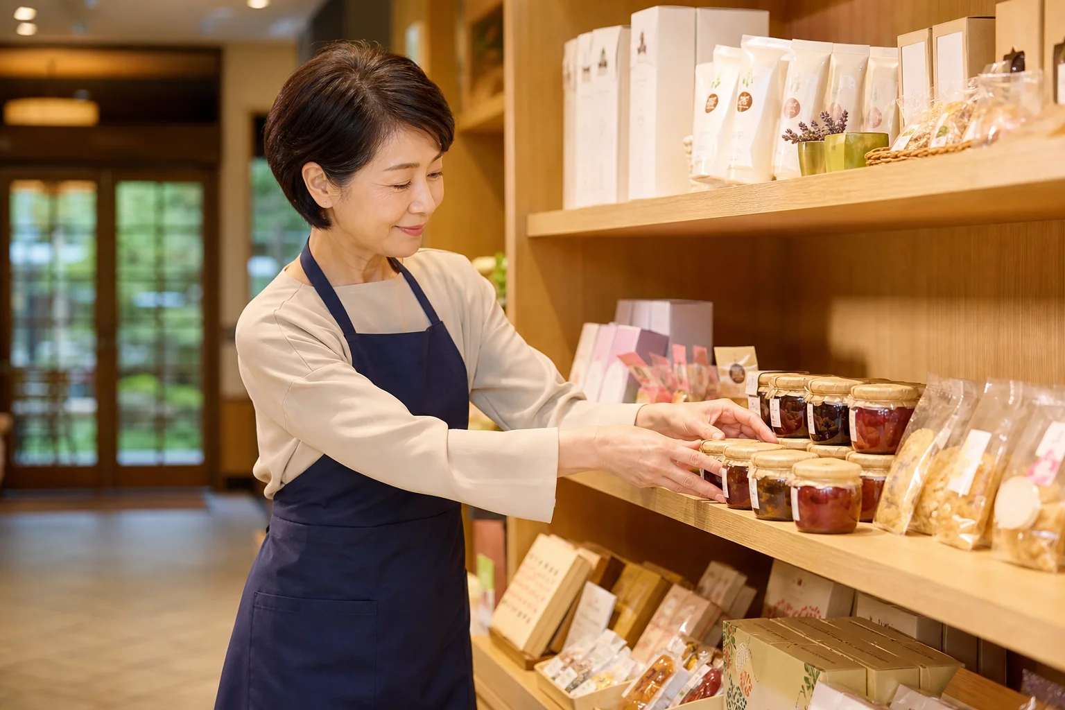 軽井沢のホテル売店でお土産品を陳列するスタッフ。屋内の涼しい環境での仕事