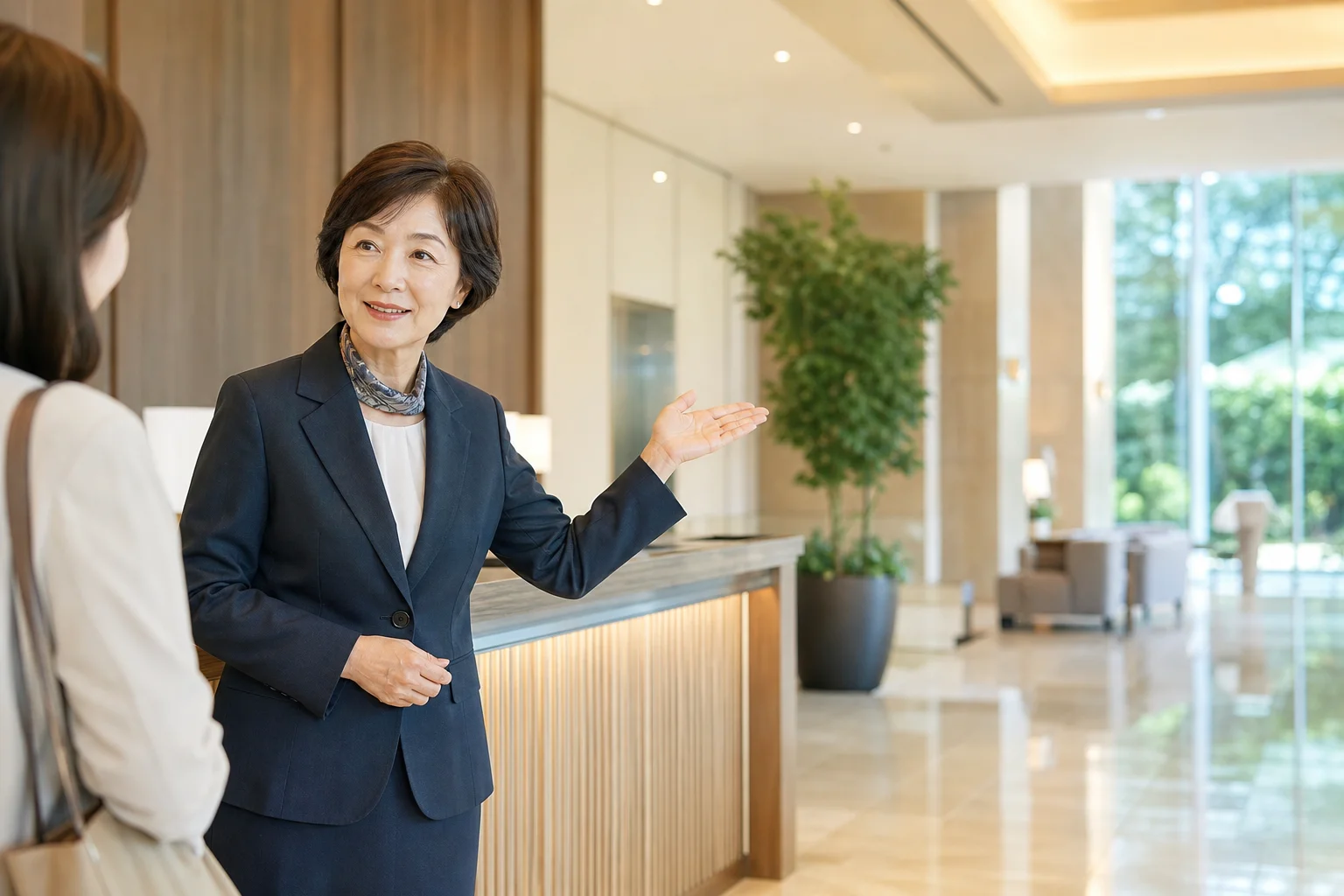 軽井沢のホテルロビーで案内をするシニア女性スタッフのイメージ