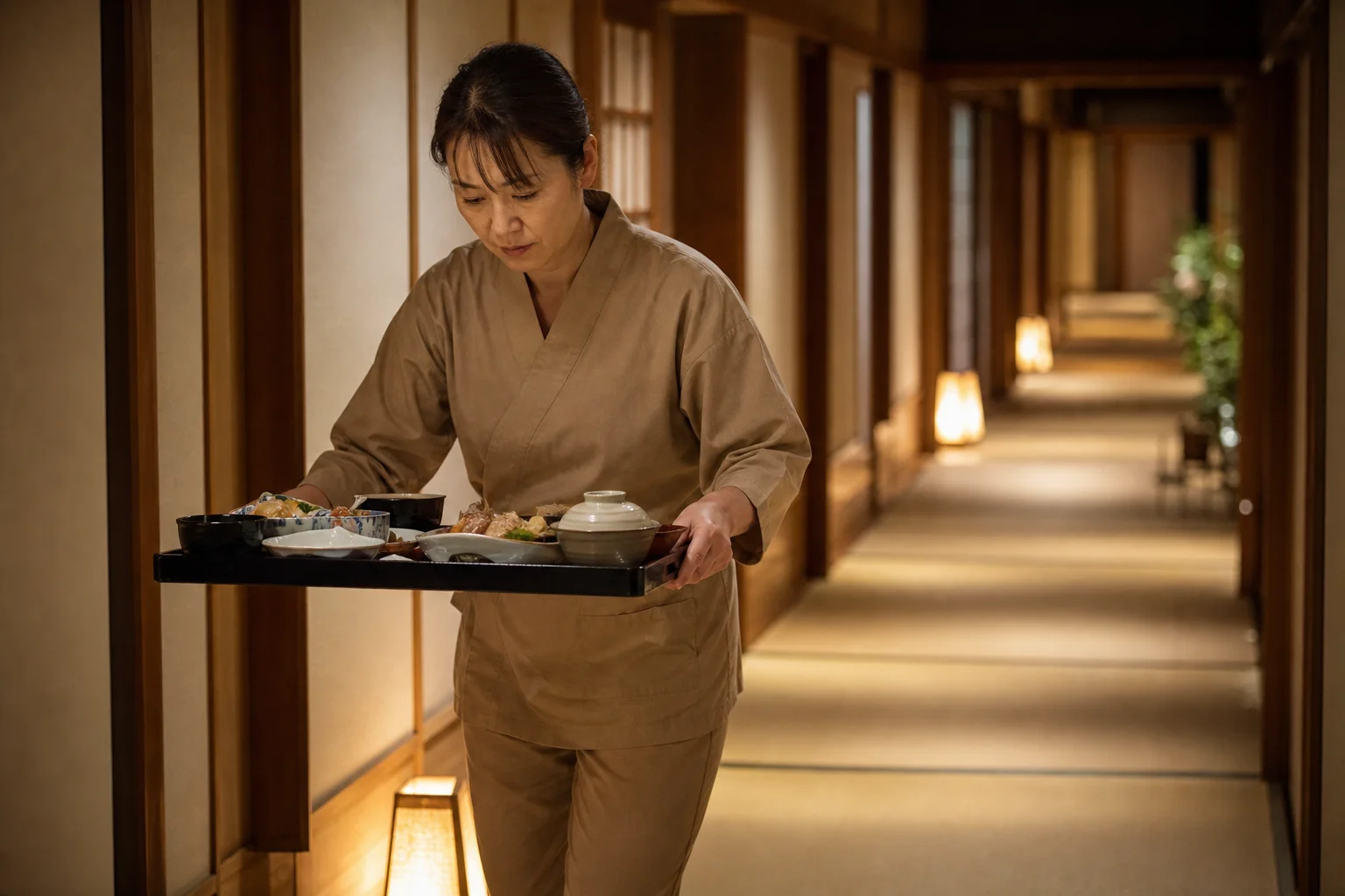 旅館の廊下を料理を持って移動する仲居スタッフの様子