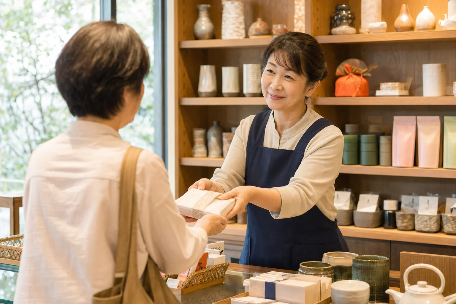 ホテルの売店でお客さまに商品を案内するシニアスタッフの様子