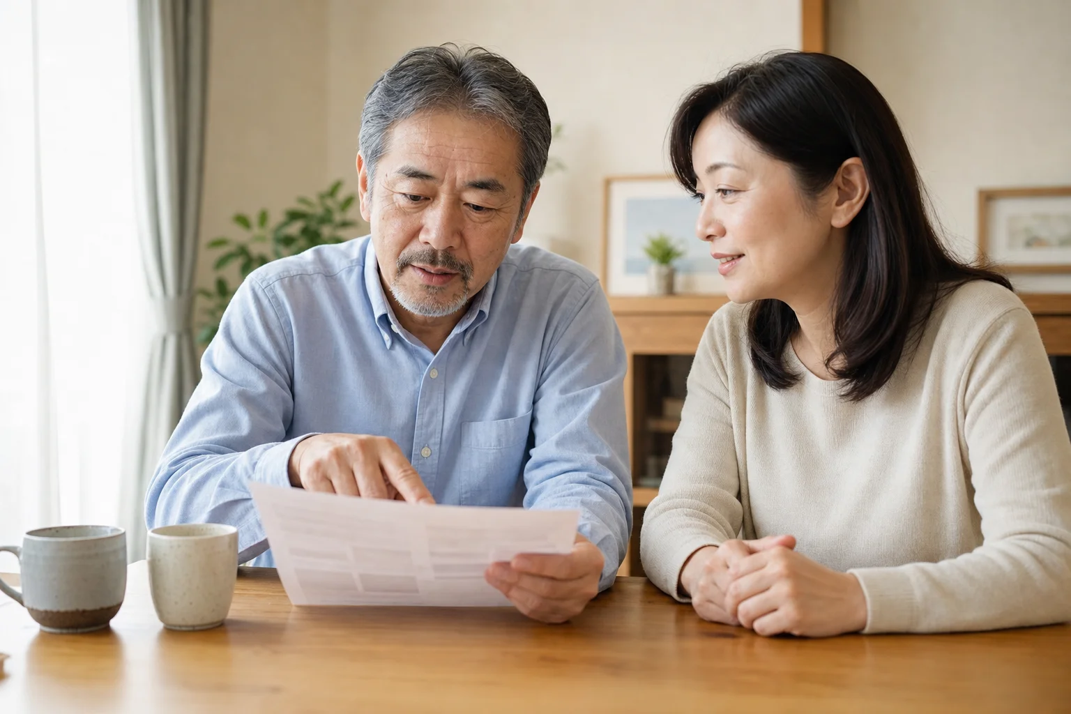 自宅で求人票を見ながら家族と相談する60代の様子