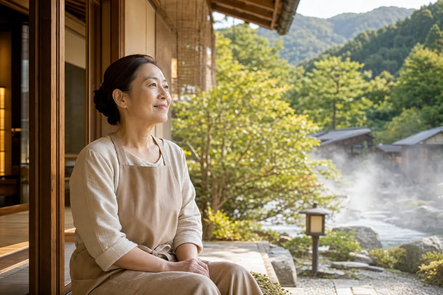 温泉地の宿で生き生きと働く60代スタッフが笑顔を見せている様子