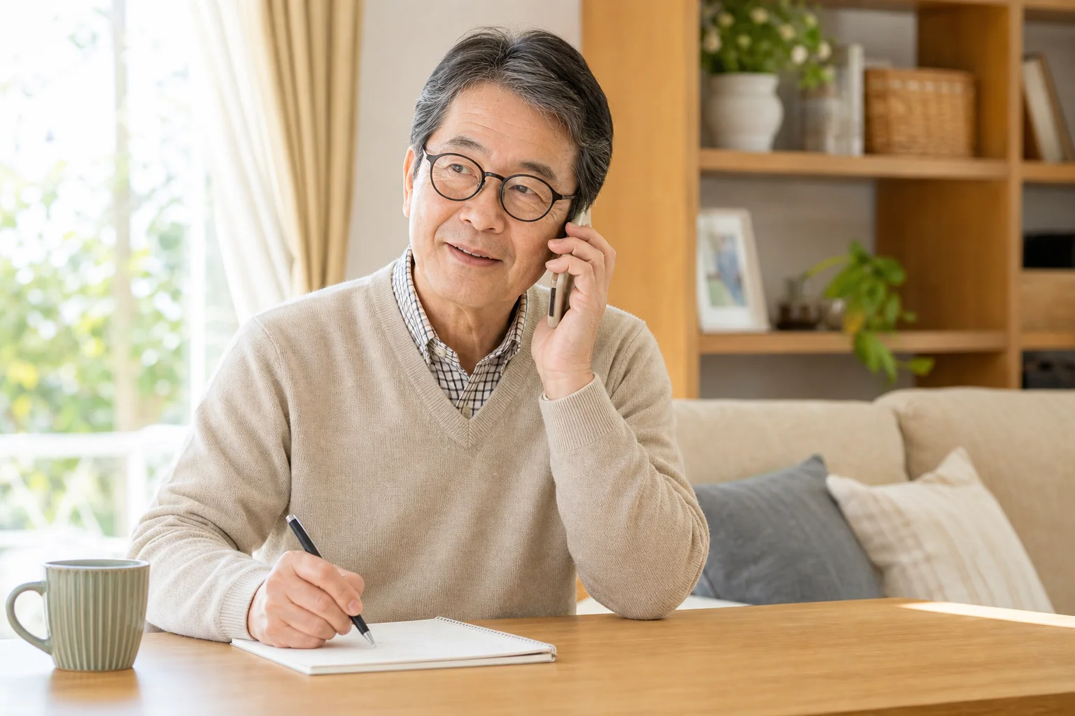 電話でコーディネーターに仕事の条件を相談している60代の様子