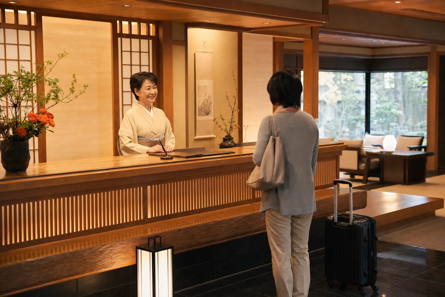 京都の旅館フロントで来客に案内するシニアスタッフの様子。和風の内装