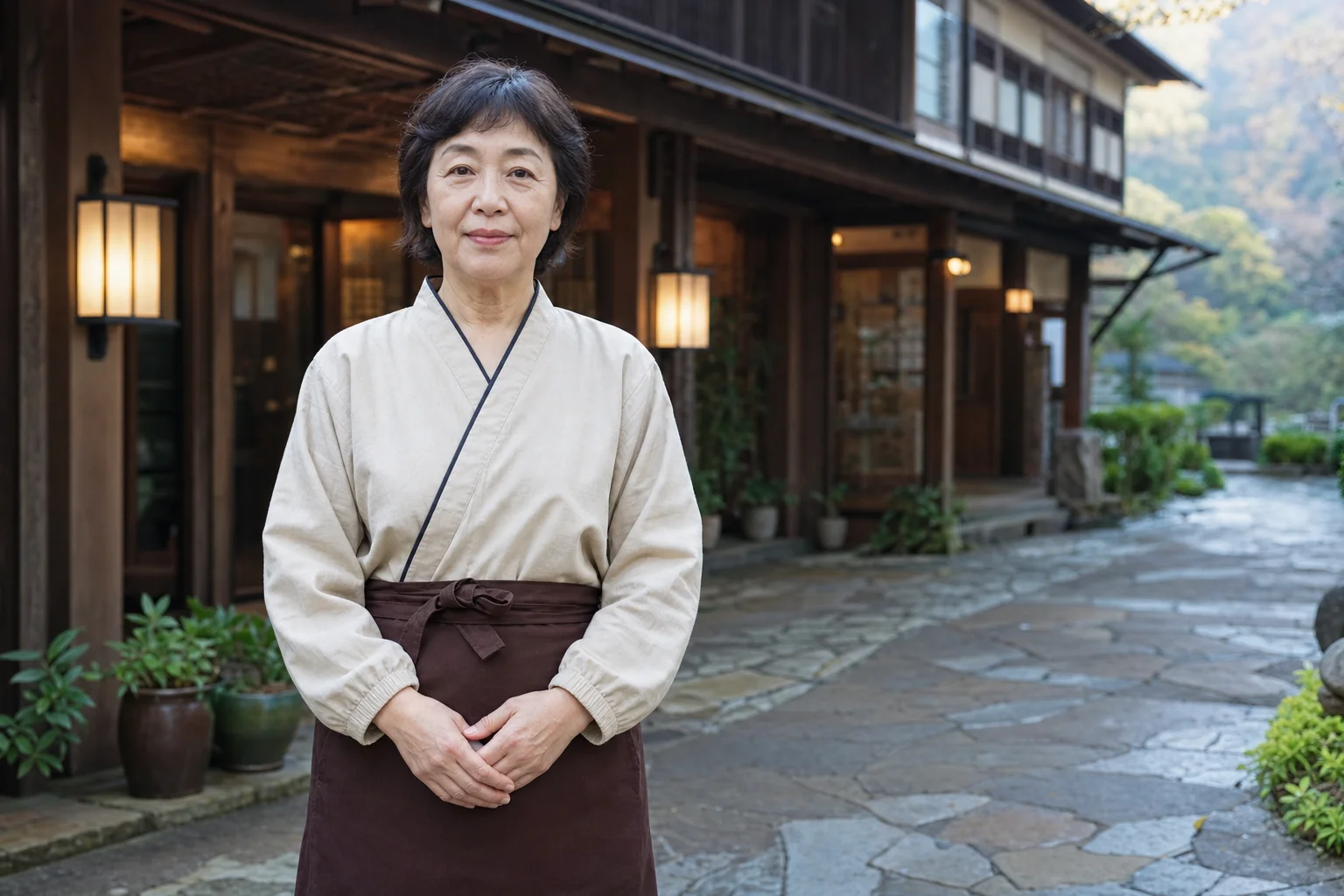 温泉地の宿泊施設前で穏やかに立つ60代スタッフ。朝の静かな時間帯
