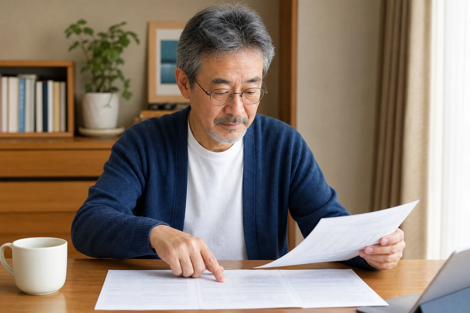 給与明細を穏やかに確認している60代。テーブルの上に書類が置かれている