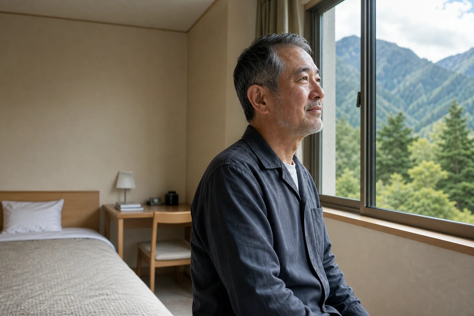 リゾート地の個室寮の窓から山の風景を眺めるシニア。穏やかな表情で立っている