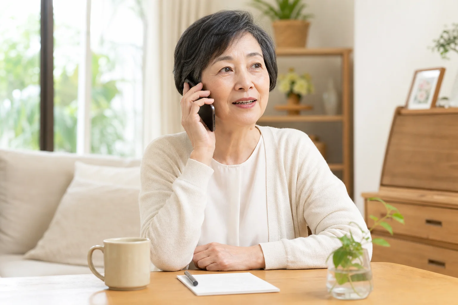 スマートフォンを手にしながら穏やかに電話する60代の様子