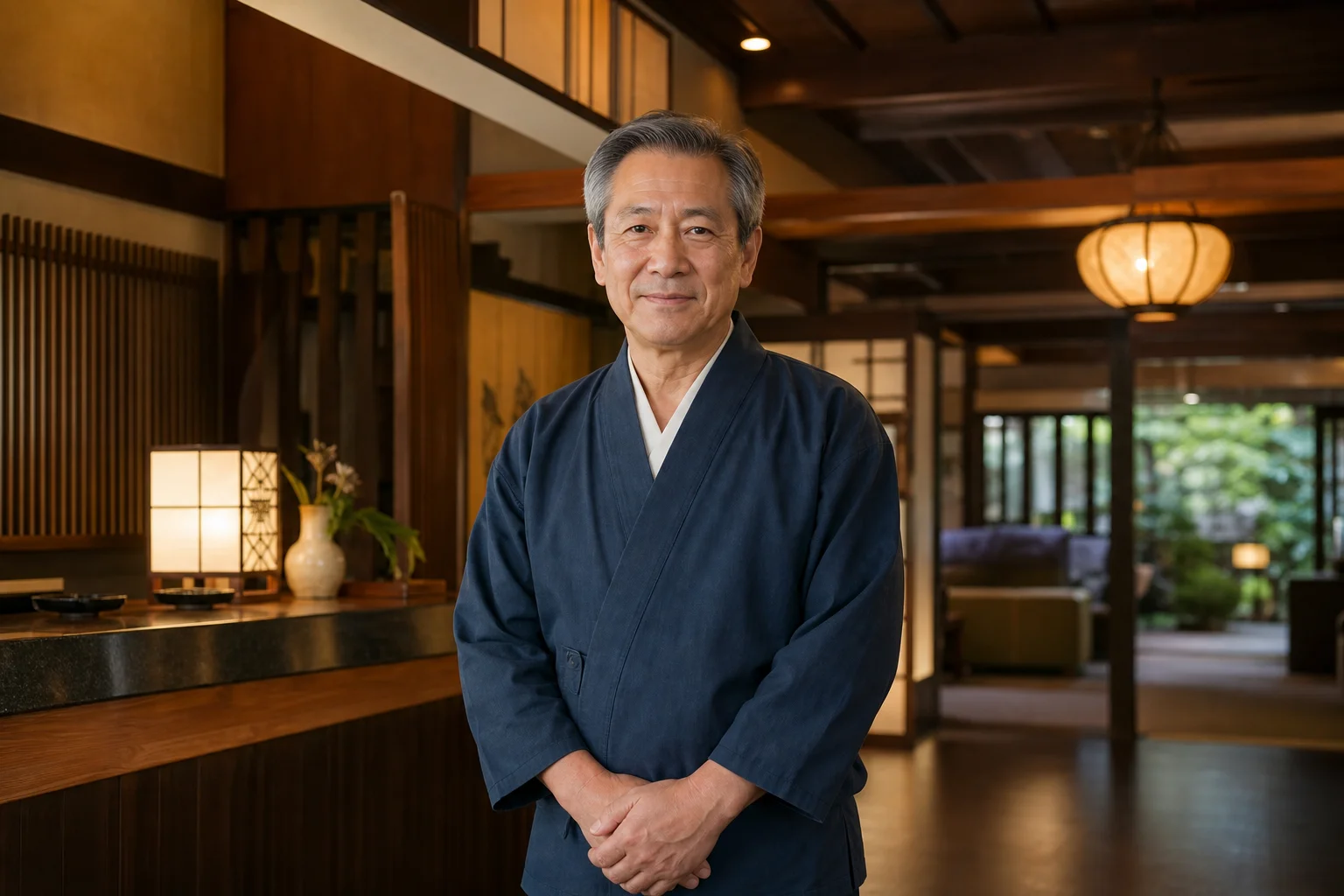 温泉旅館のロビーで案内役を務める落ち着いた表情の60代スタッフ