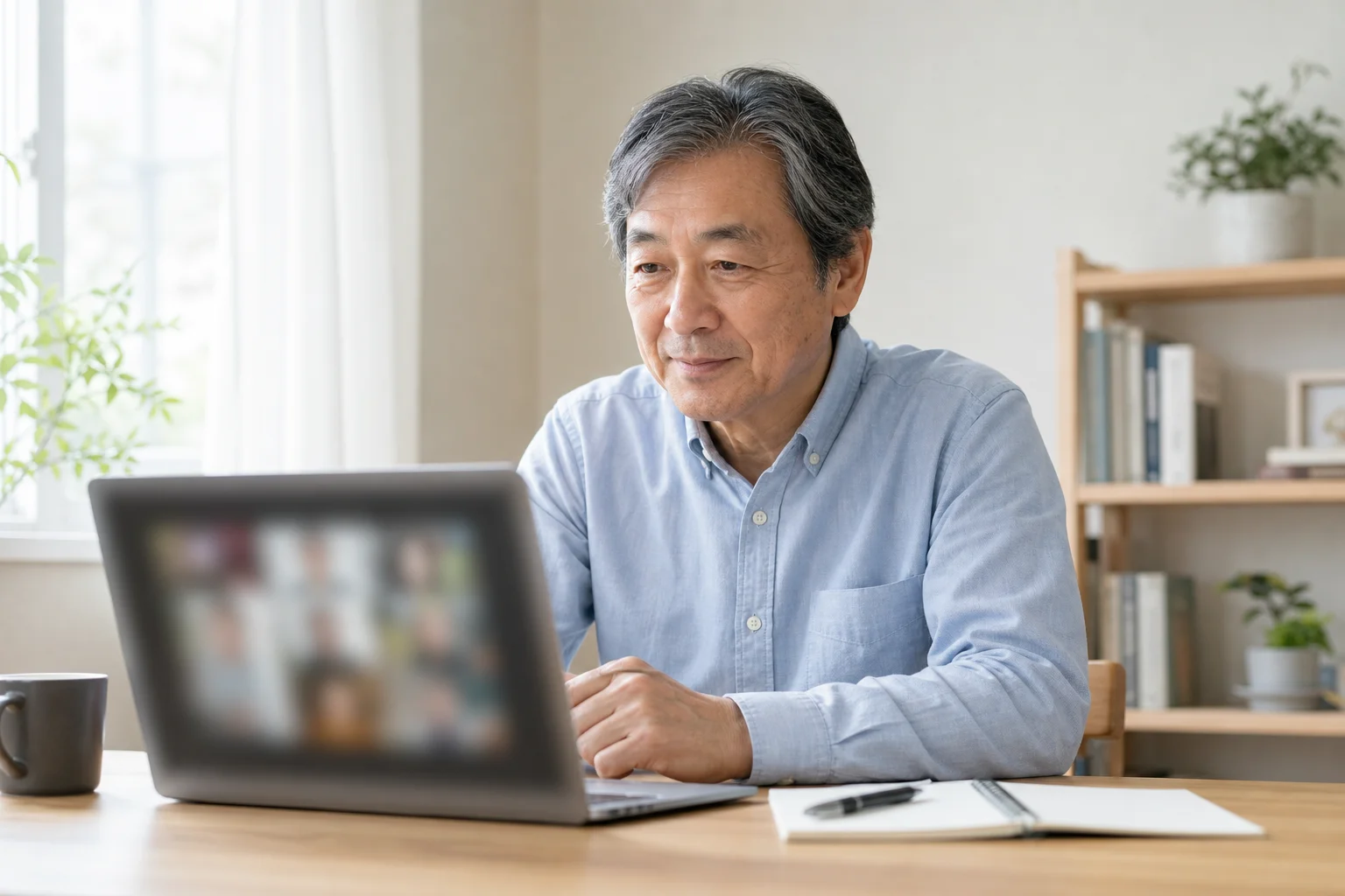 パソコン画面に向かって落ち着いた表情でweb会議に参加する60代の様子
