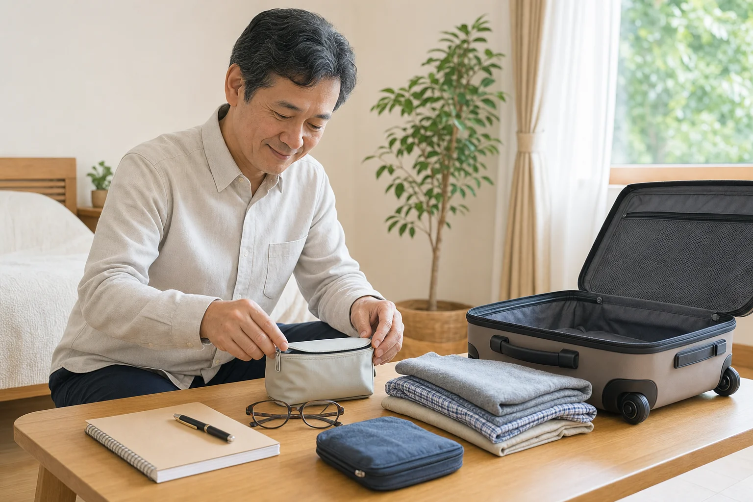 薬や眼鏡などシニアの持ち物を丁寧に整理している50代の様子