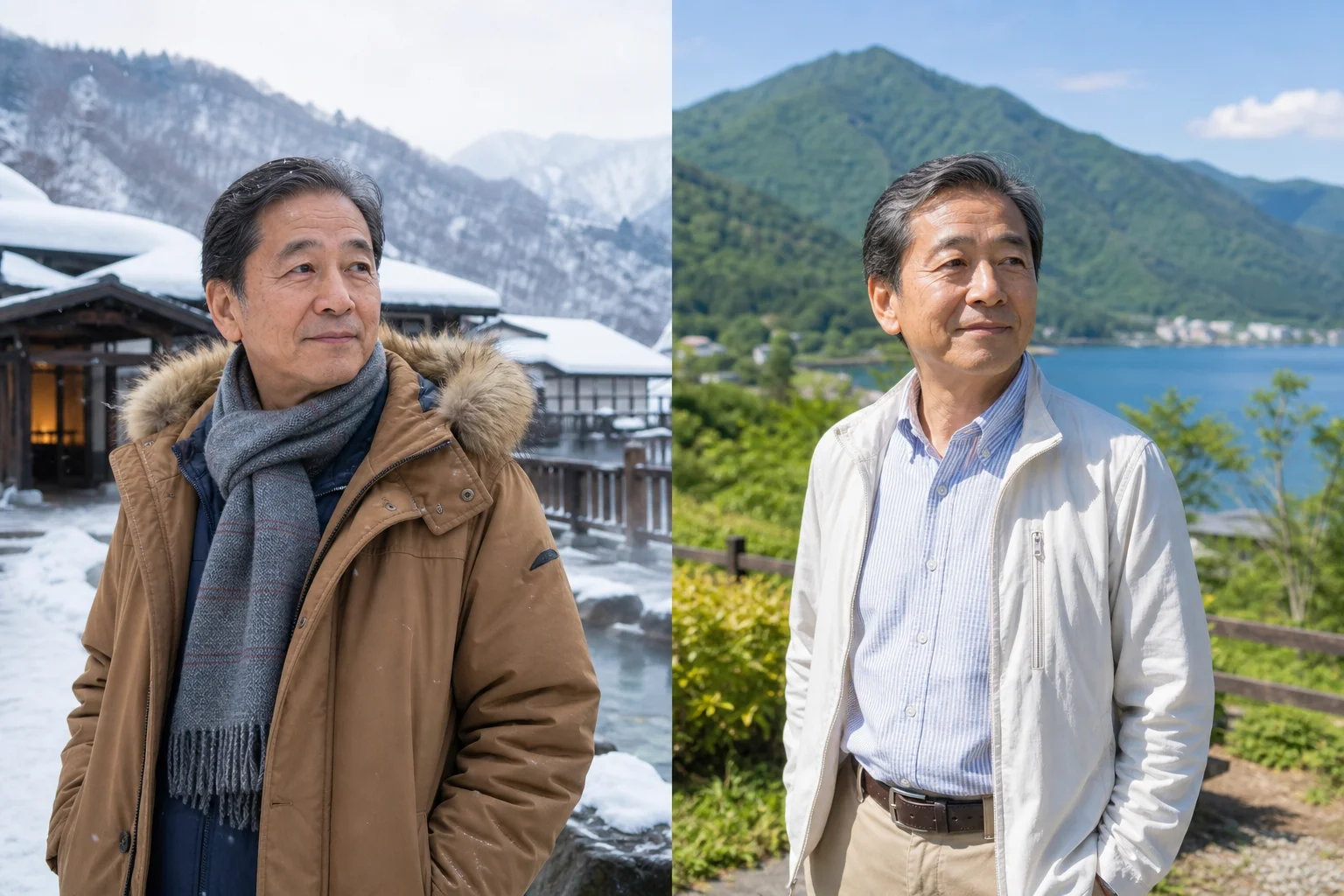 冬の雪山温泉地に向かう防寒服の60代スタッフと夏の高原で働く軽装の60代スタッフ