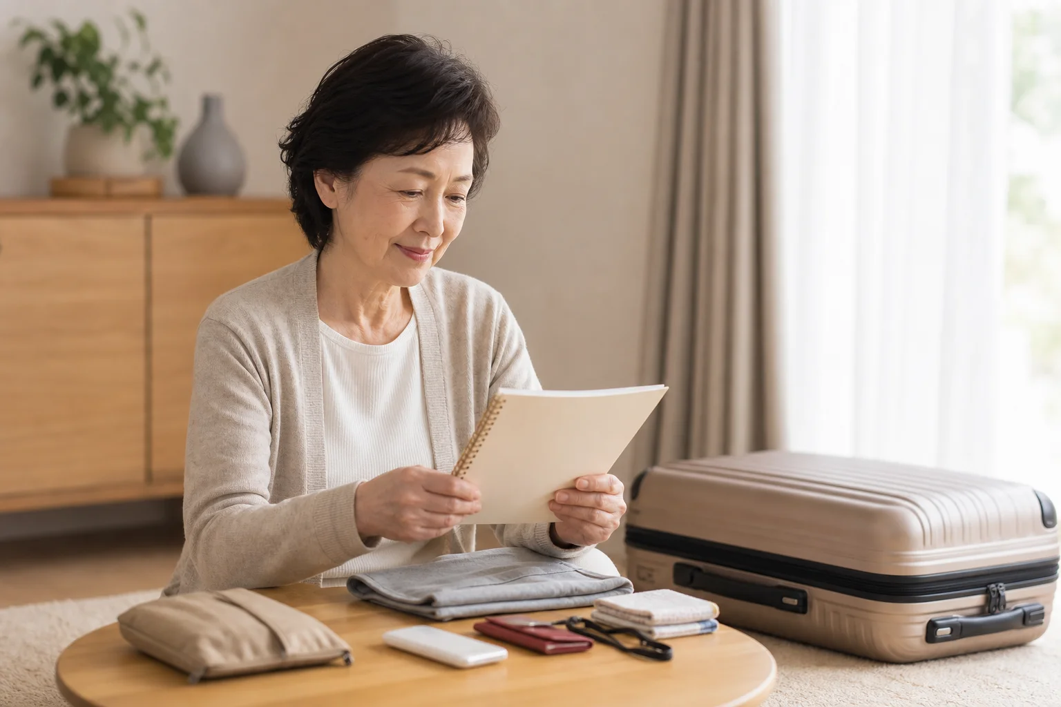 出発前にスーツケースを前にチェックリストを確認している60代の様子