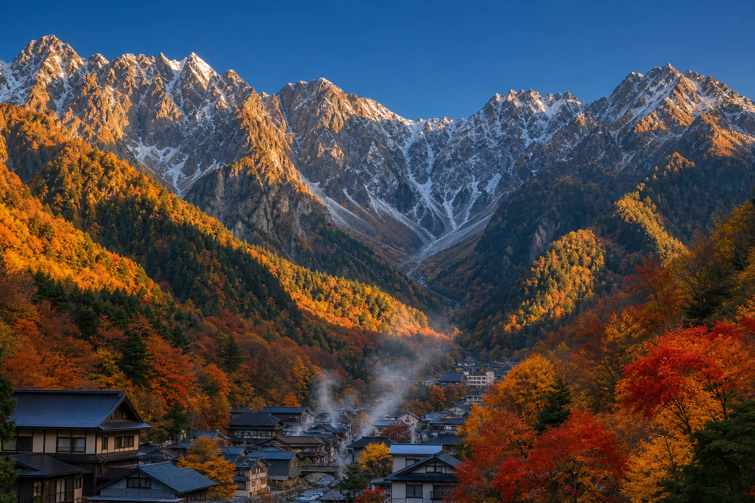 長野県の山岳地帯を背景に広がる北アルプスの稜線と麓の温泉街。秋の紅葉が山裾を彩る風景