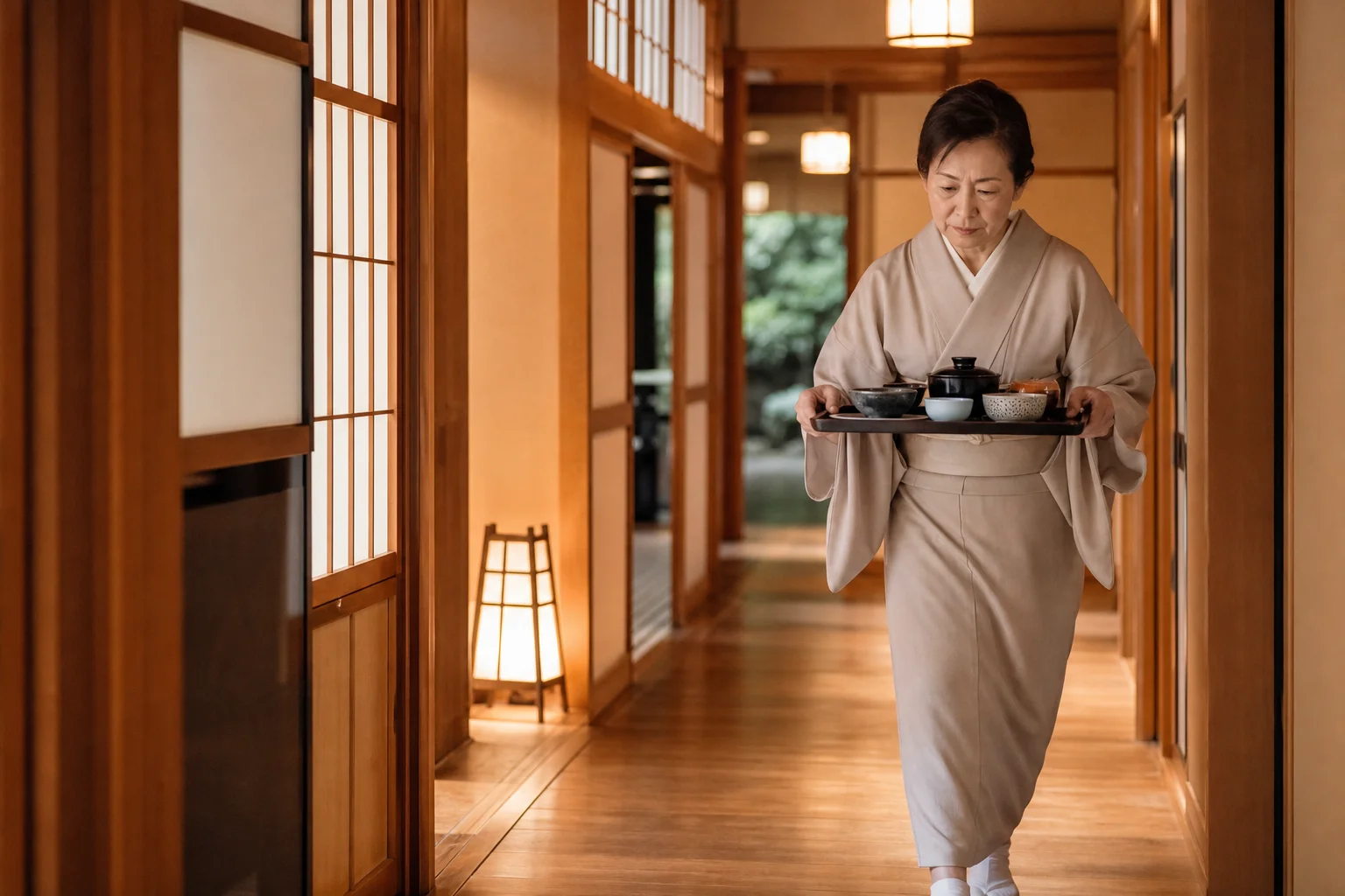 旅館の廊下で着物姿で配膳トレイを運ぶ仲居スタッフの様子。体力負担をリアルに伝える構図