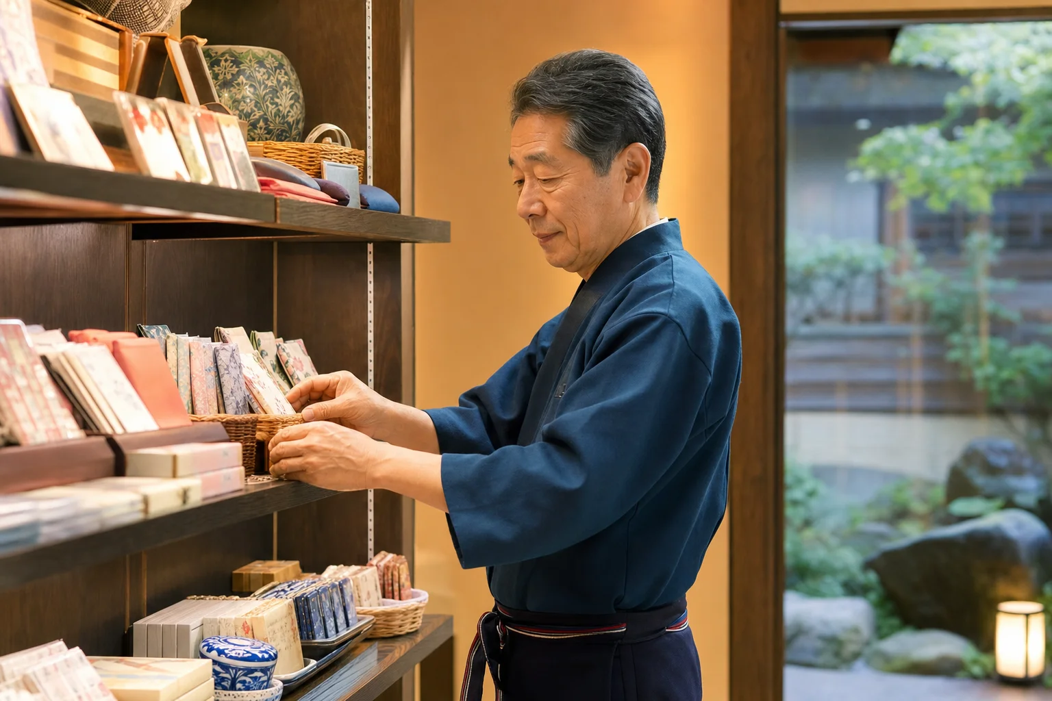 旅館の売店で穏やかに品物を並べる60代のスタッフの様子