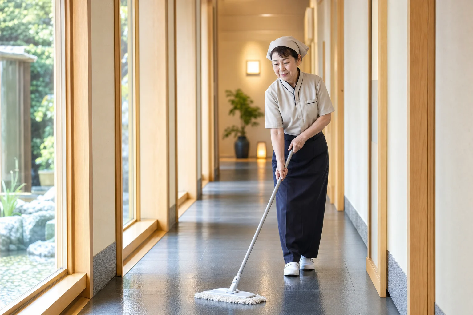 温泉施設の清潔な廊下を清掃する60代スタッフ。穏やかな表情