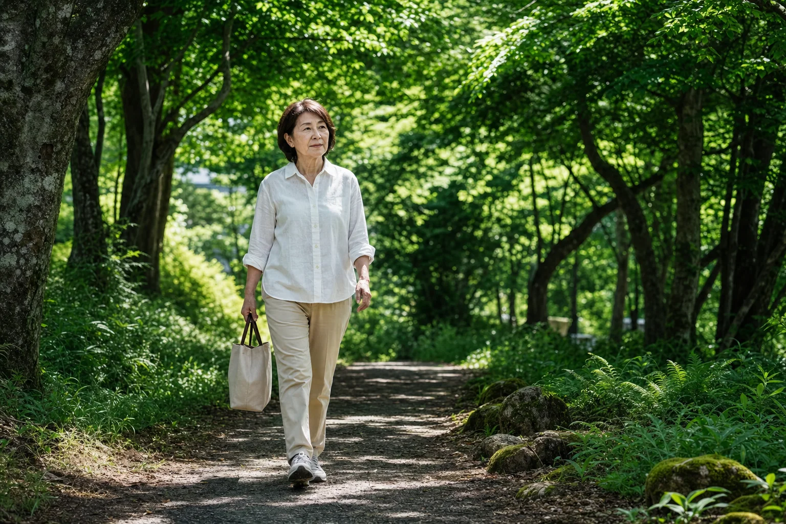 夏の高原を歩くシニア女性。涼しげな緑の木立の中を歩く様子