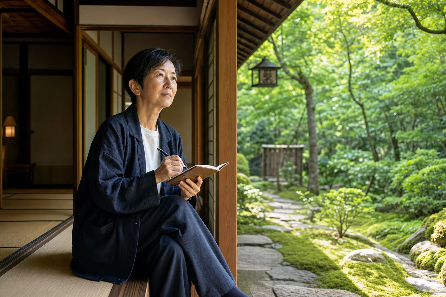 高原の宿の縁側でノートを手に確認事項を整理する60代の様子