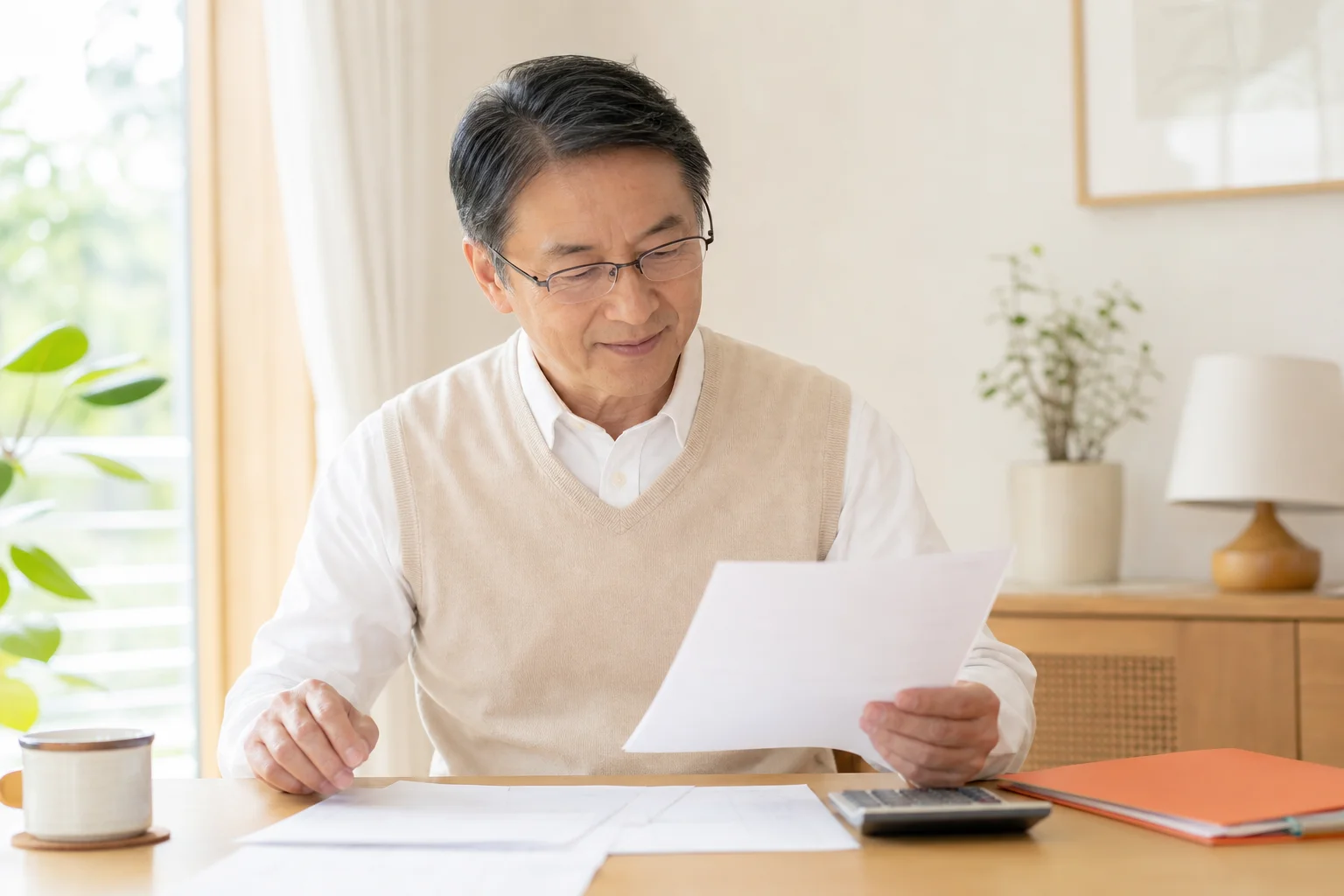 確定申告の書類と電卓が並ぶテーブルの様子。シニアが落ち着いて書類を確認しているイメージ
