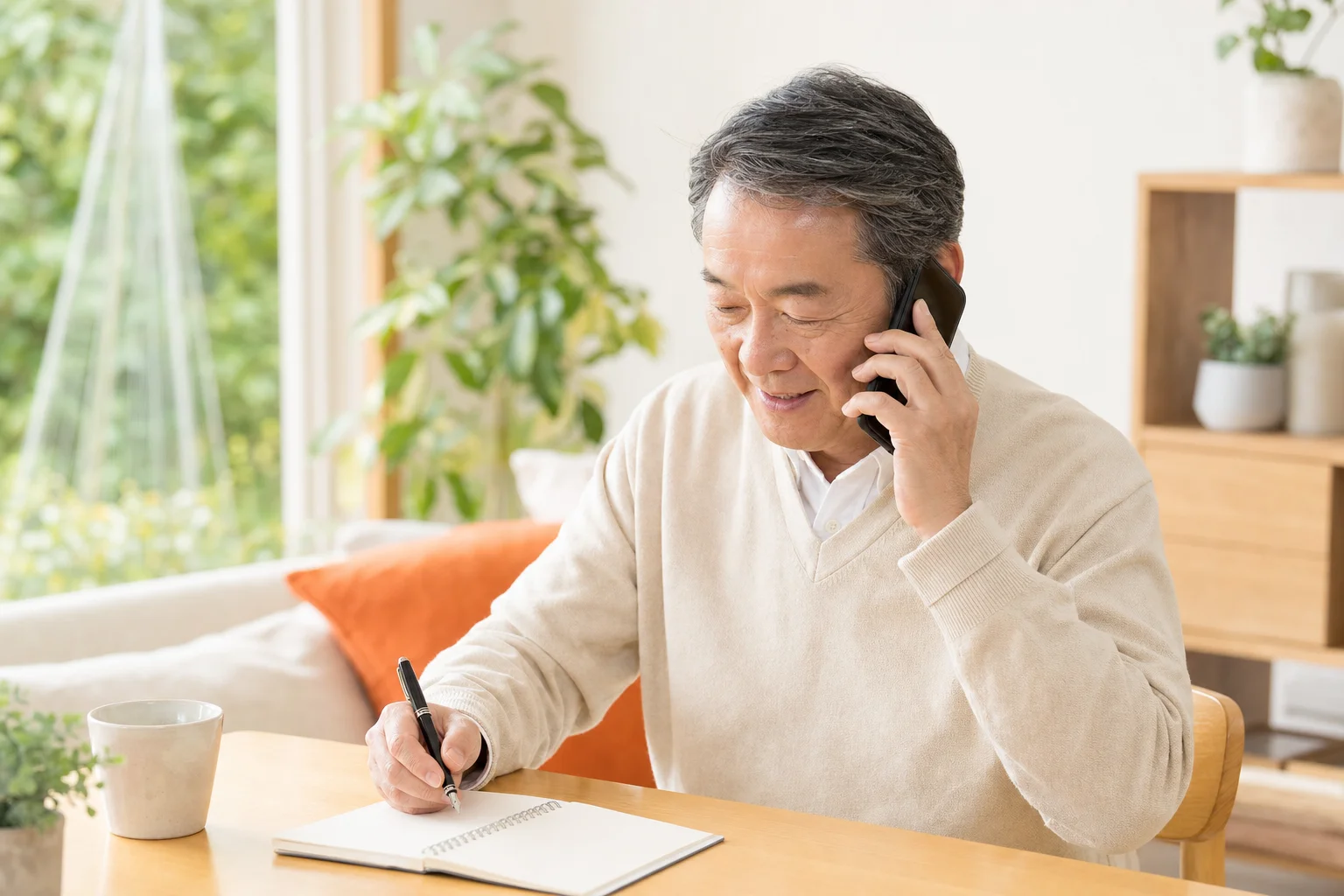 スマートフォンでコーディネーターと通話しながらメモを取るシニアの様子