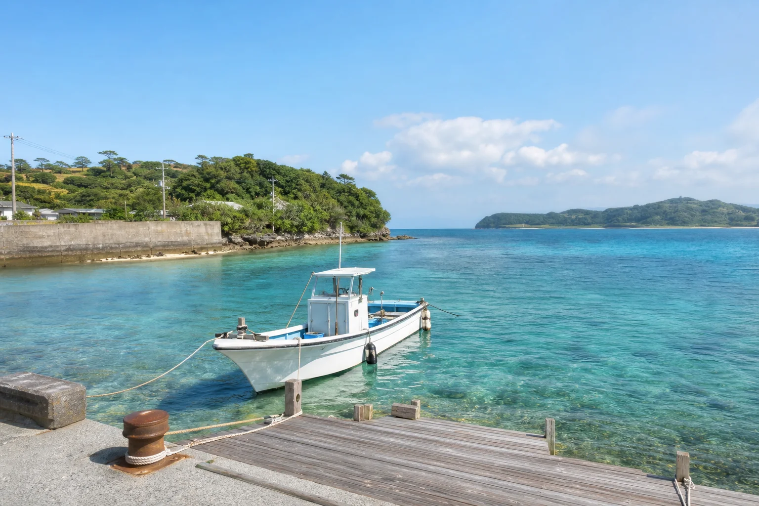 沖縄の離島の小さな港と青い海。岸壁に白い船が停泊し穏やかな水面が広がる景色