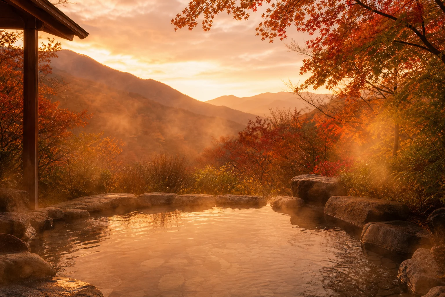 夕暮れ時の小さな温泉露天風呂と紅葉の静かな景色