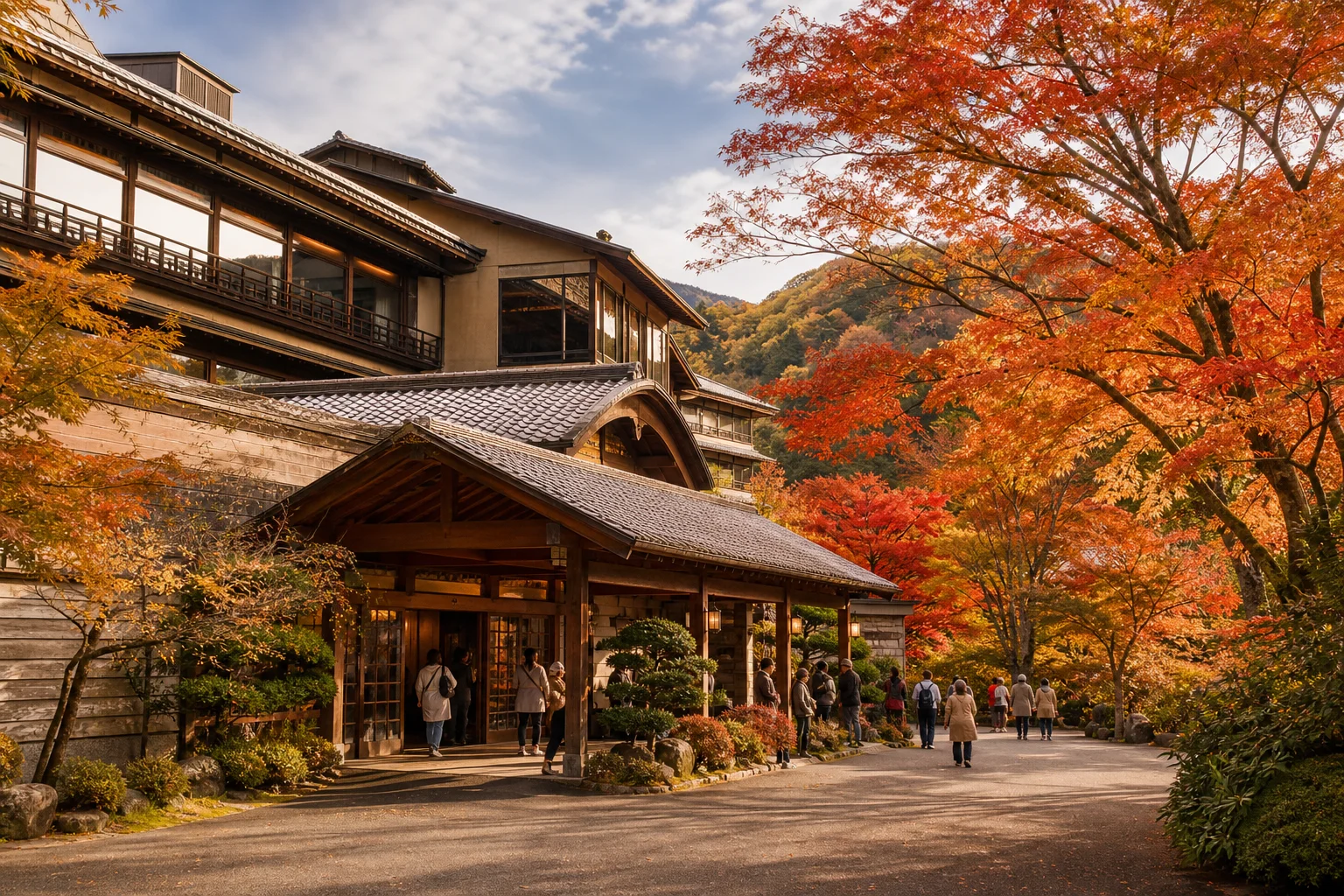 紅葉が見ごろを迎えた温泉地の旅館外観と賑わいのある入口の様子