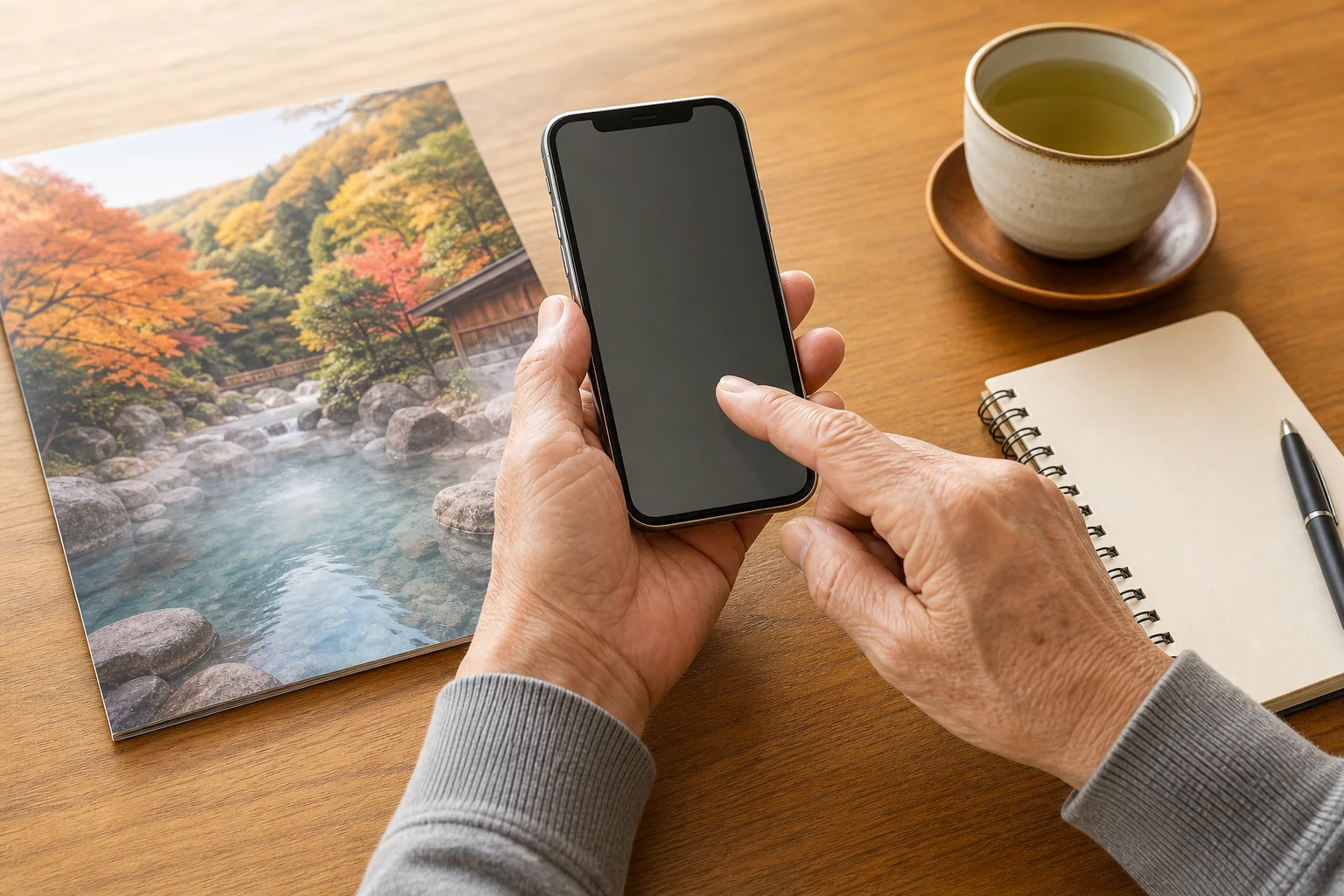 テーブルの上でスマートフォンを操作するシニアの手元と傍に置かれた温泉地の観光パンフレット