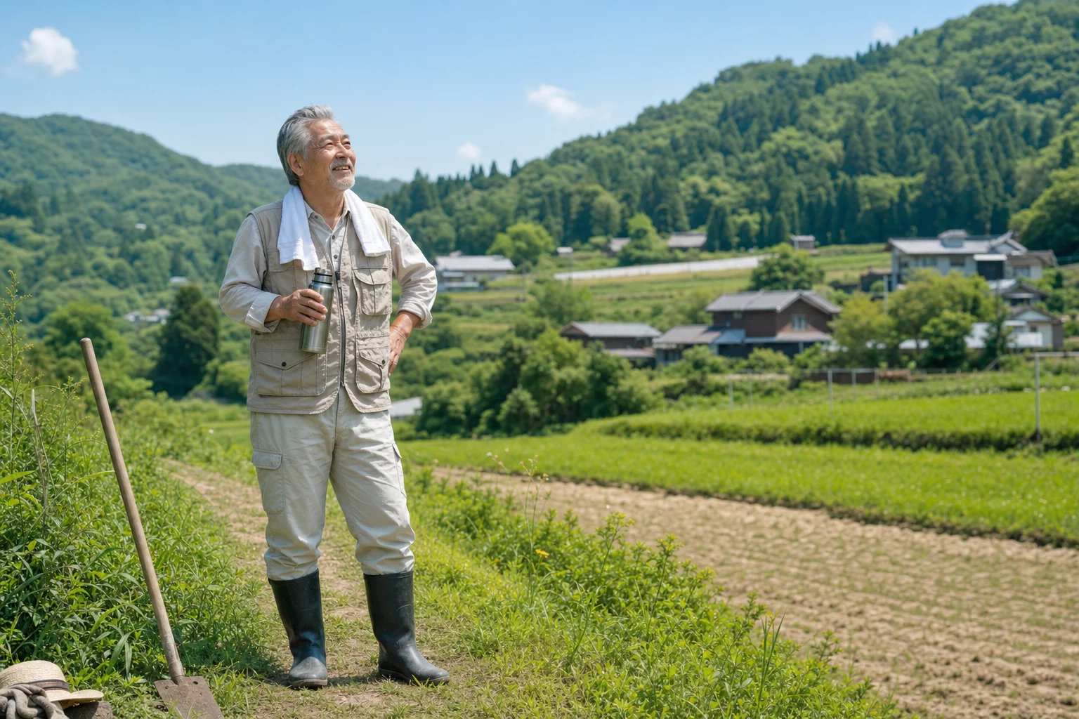 里山の農村風景で笑顔の60代男性がひと休みしている様子