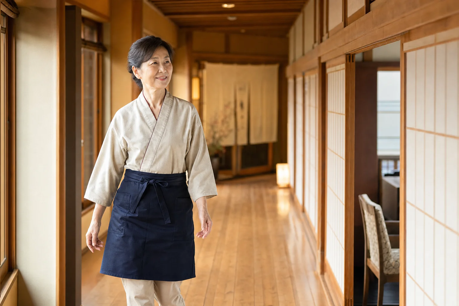 温泉旅館の廊下を明るい表情で歩く60代女性スタッフ