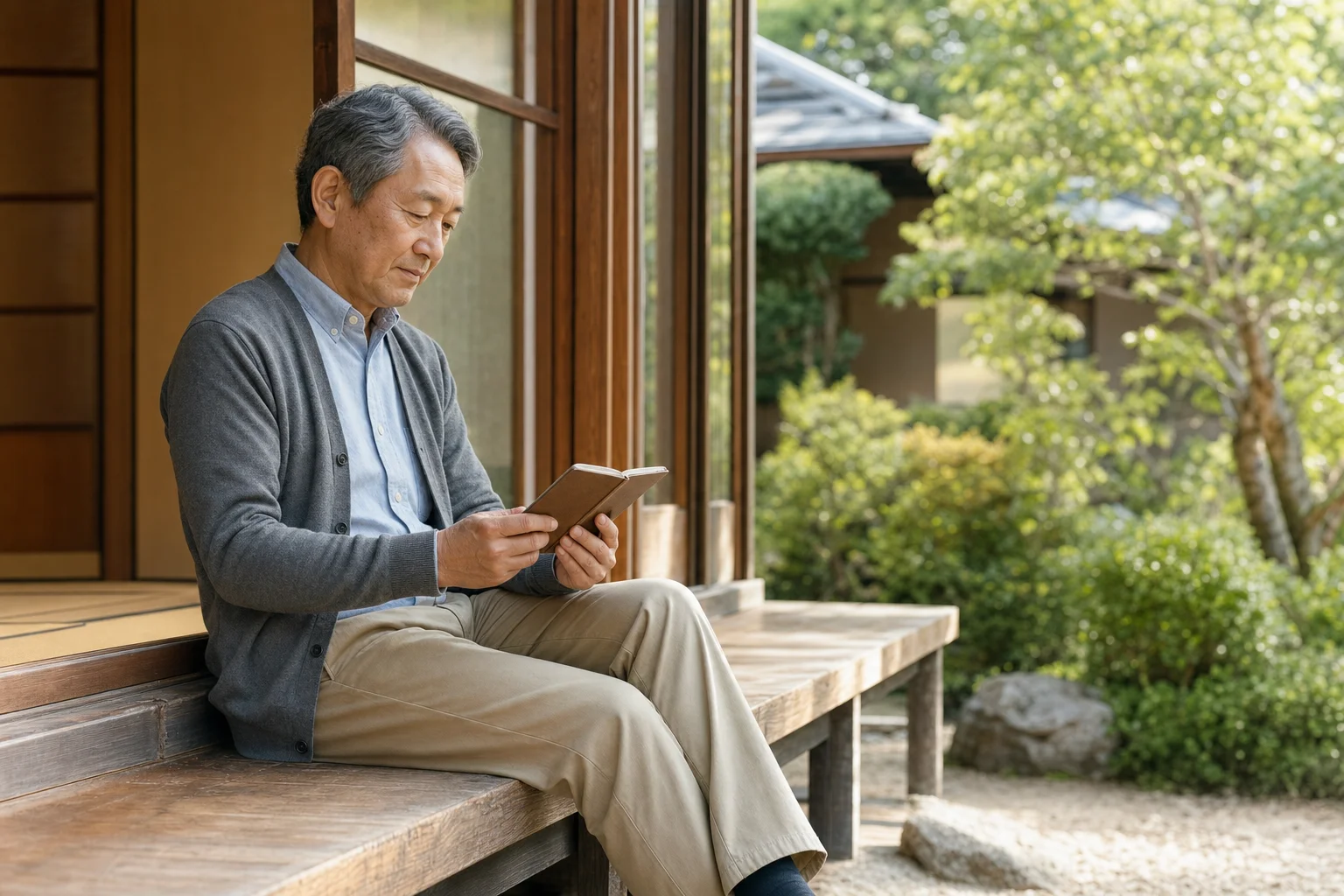 温泉地の小さな旅館で縁側に座りながら帳簿を眺める60代の落ち着いた様子