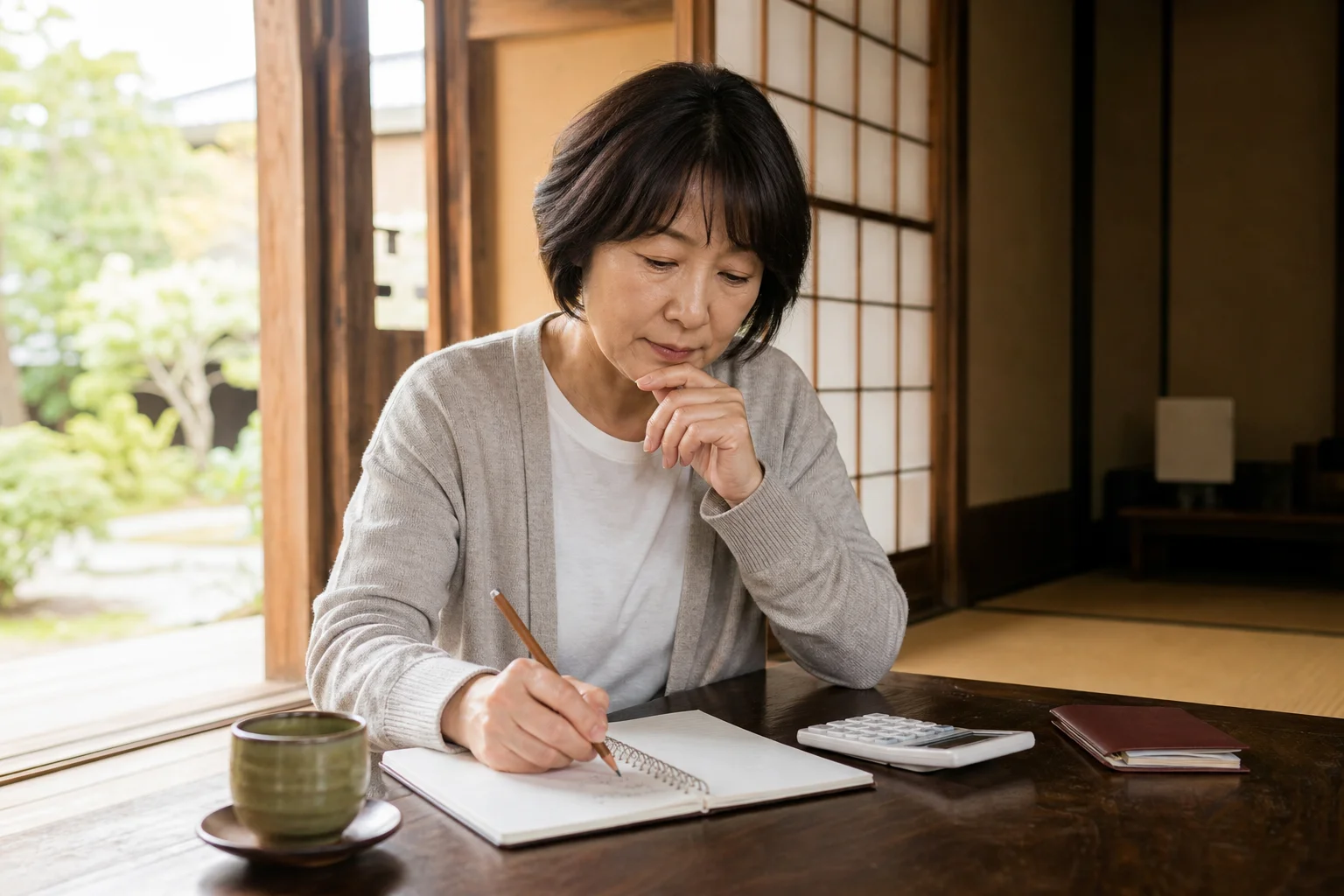 旅先で収支を計算しながら考え込む50代の様子