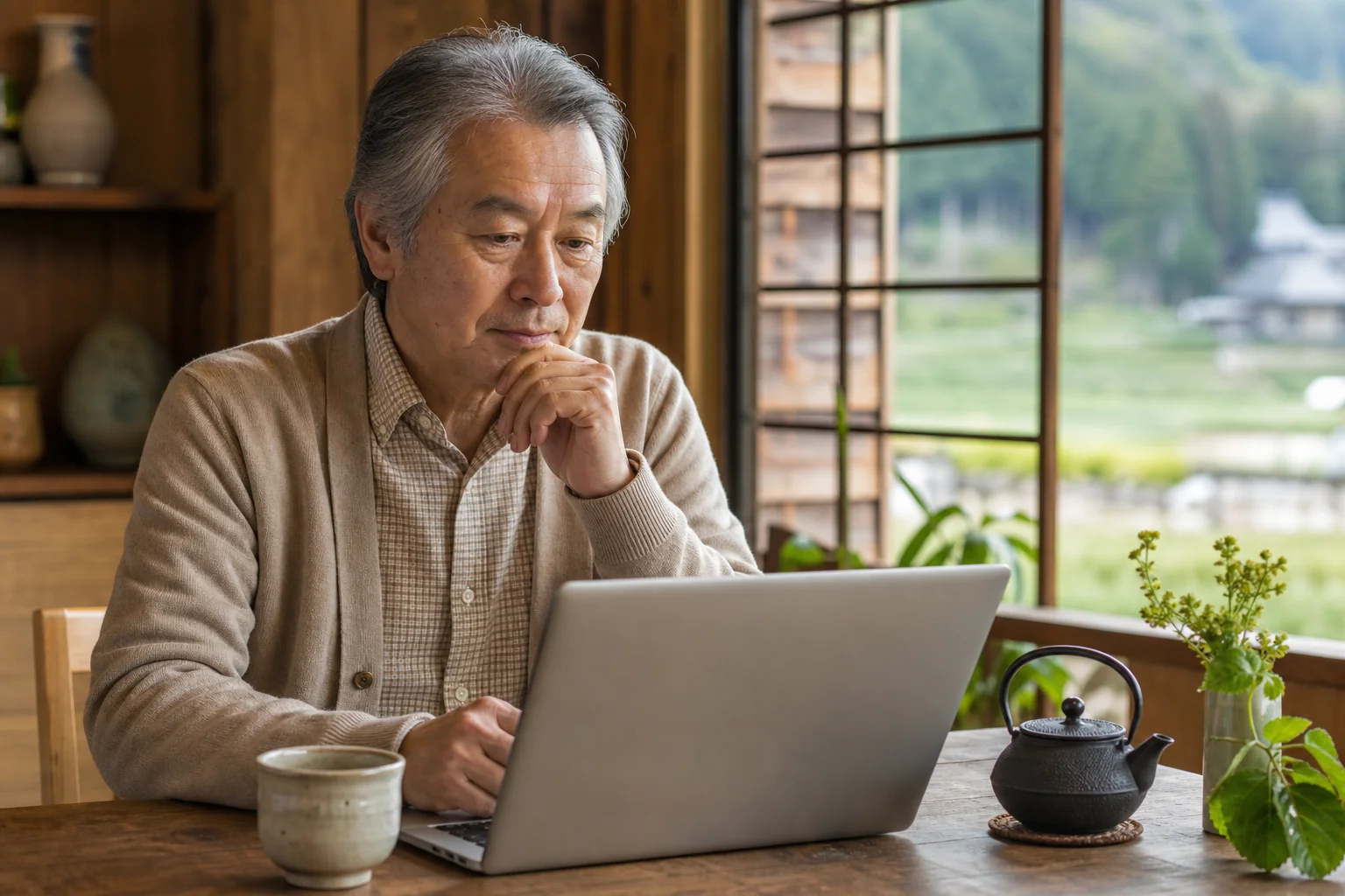 案件ページを丁寧に読み込みながら検討する60代の様子