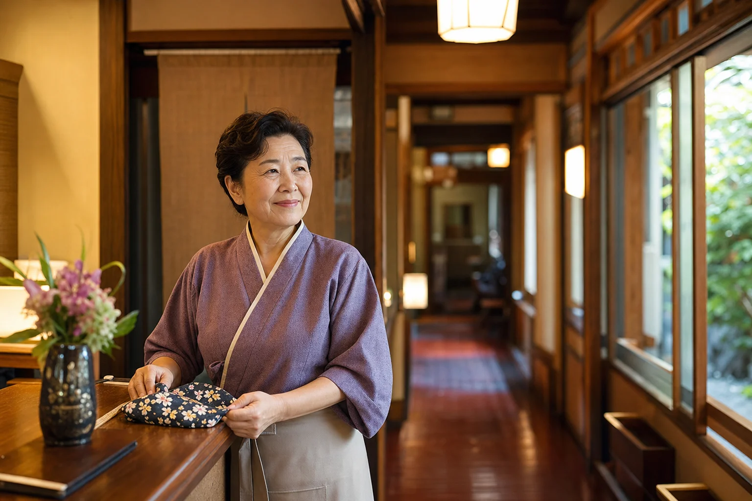 温泉地の旅館で穏やかに働くシニアスタッフの様子