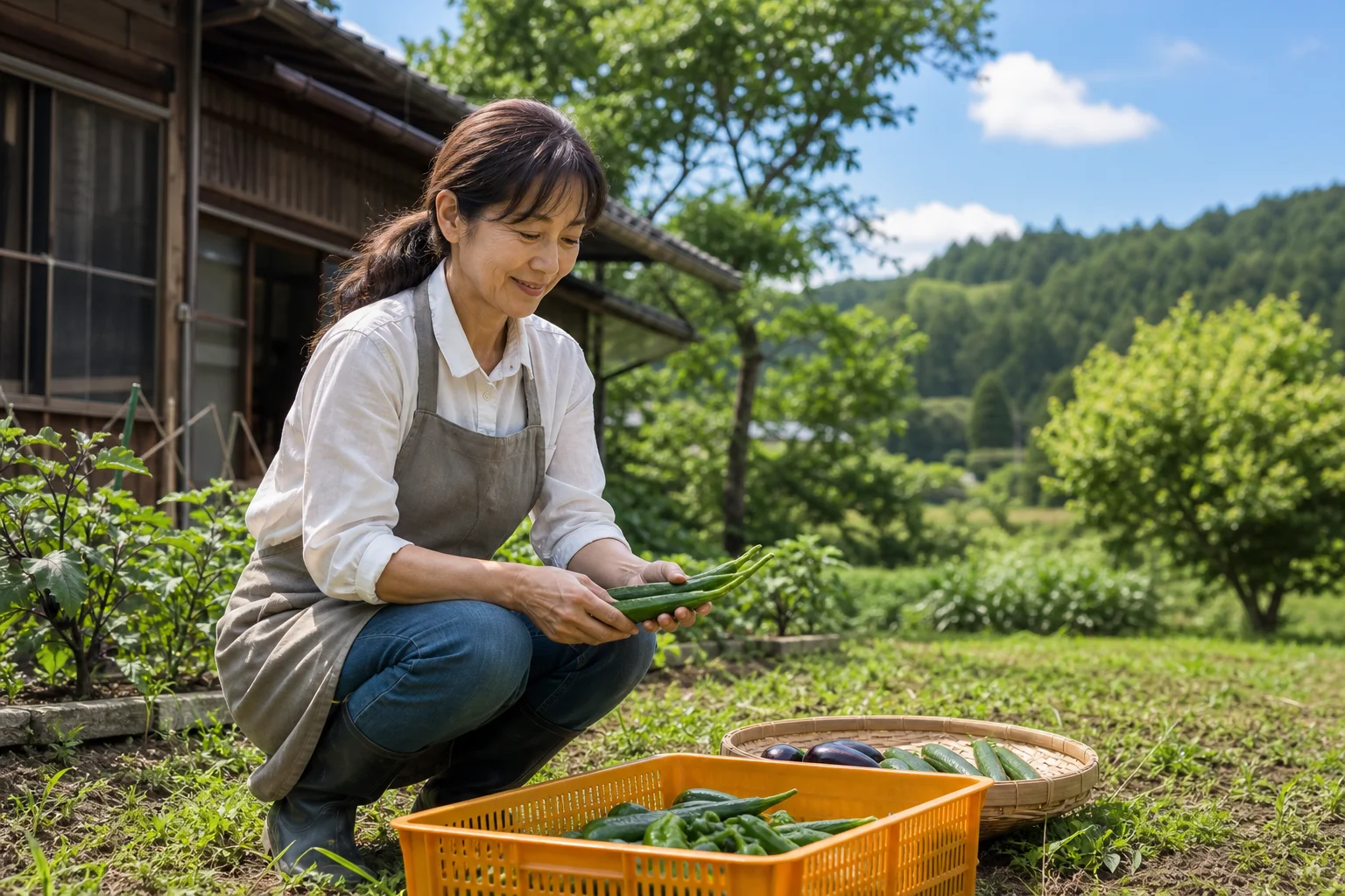 地方の農場で野菜の収穫を手伝う穏やかな様子