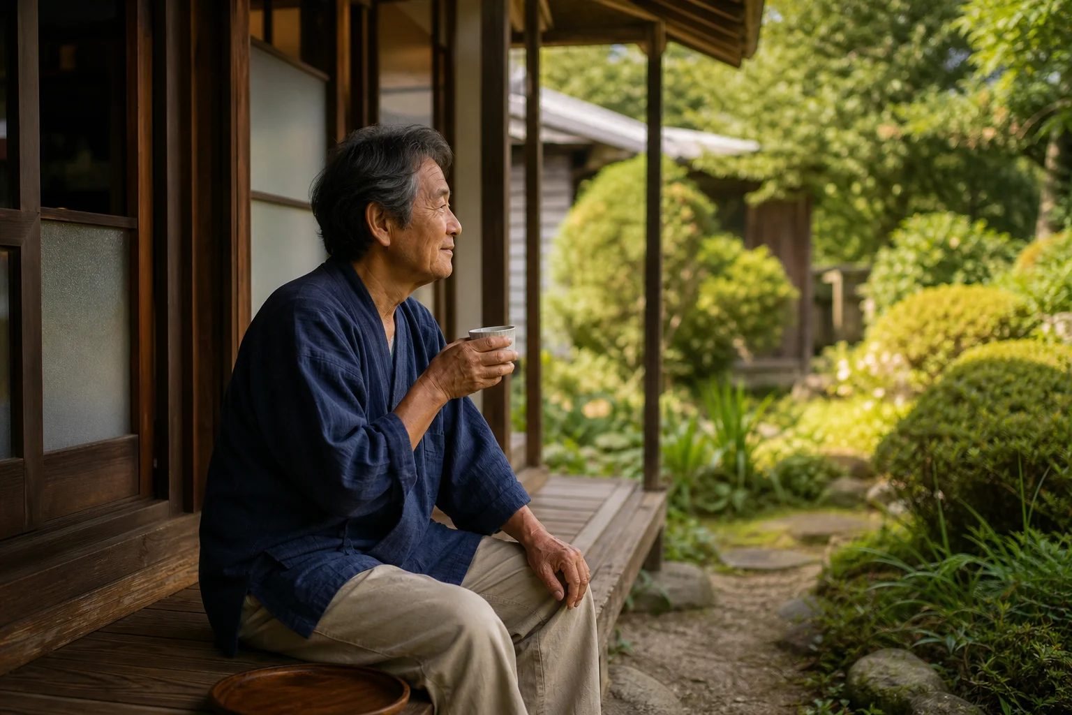 縁側に座りお茶を飲みながら考える60代の様子。穏やかな庭の風景