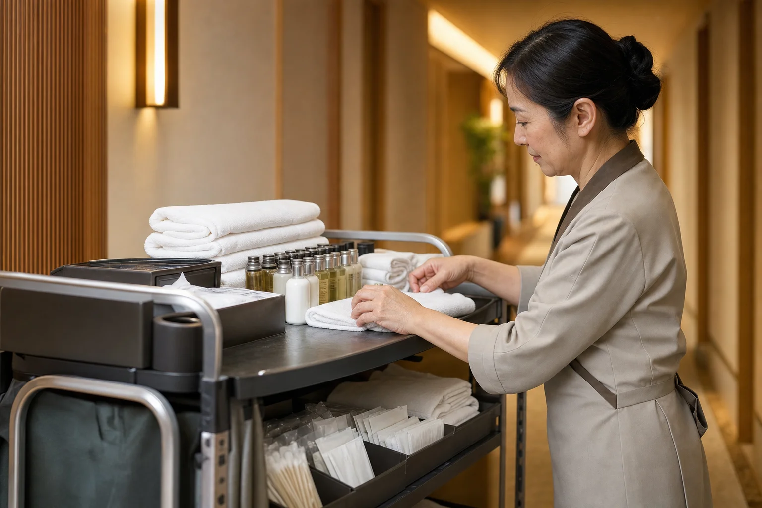 旅館の廊下で備品カートを整理しているシニアスタッフの様子