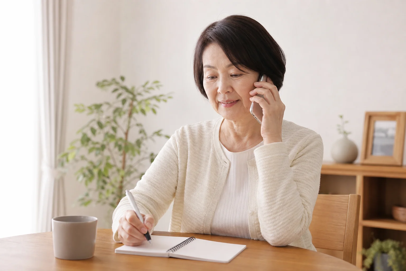 コーディネーターと電話で求人の詳細を確認しているシニアの様子
