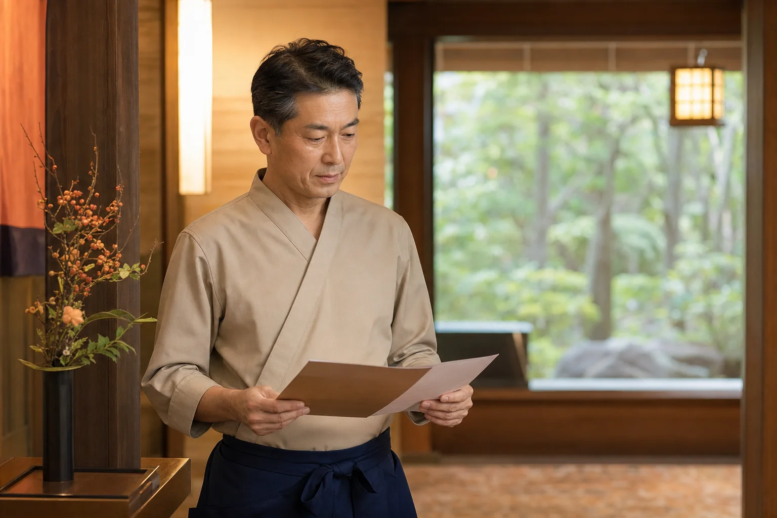 温泉地の旅館ロビーで書類を確認する50代スタッフ。窓から緑が見える