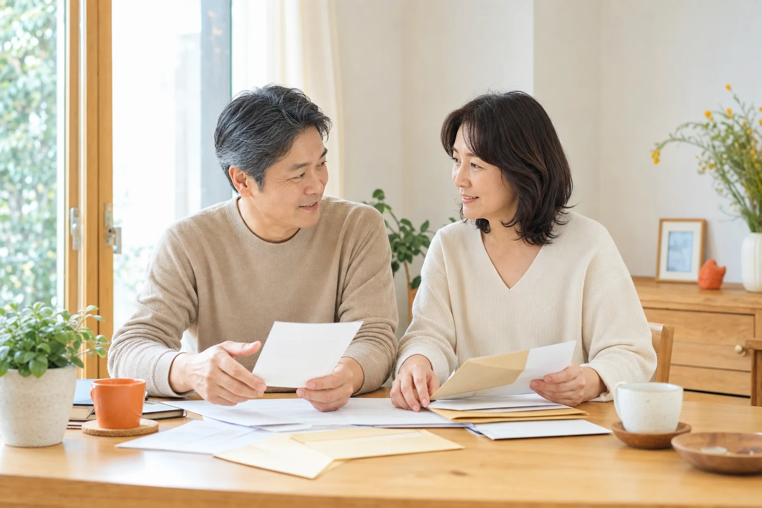 50代夫婦がテーブルで書類を並べながら穏やかに話し合っている様子